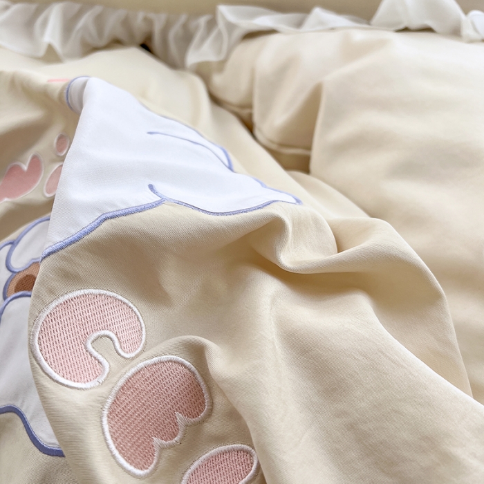 91家纺网 家纺一手货源 找家纺 沐慕 22新款水洗真丝刺绣花边四件套 奶茶小兔-玉白