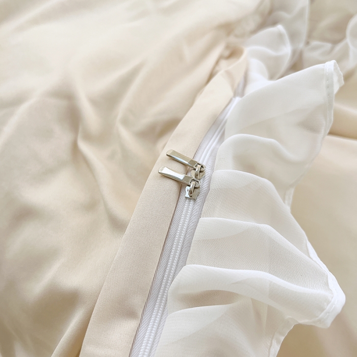 91家纺网 家纺一手货源 找家纺 沐慕 22新款水洗真丝刺绣花边四件套 奶茶小兔-玉白