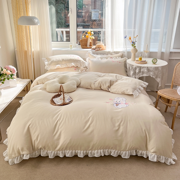 91家纺网 家纺一手货源 找家纺 沐慕 22新款水洗真丝刺绣花边四件套 奶茶小兔-玉白