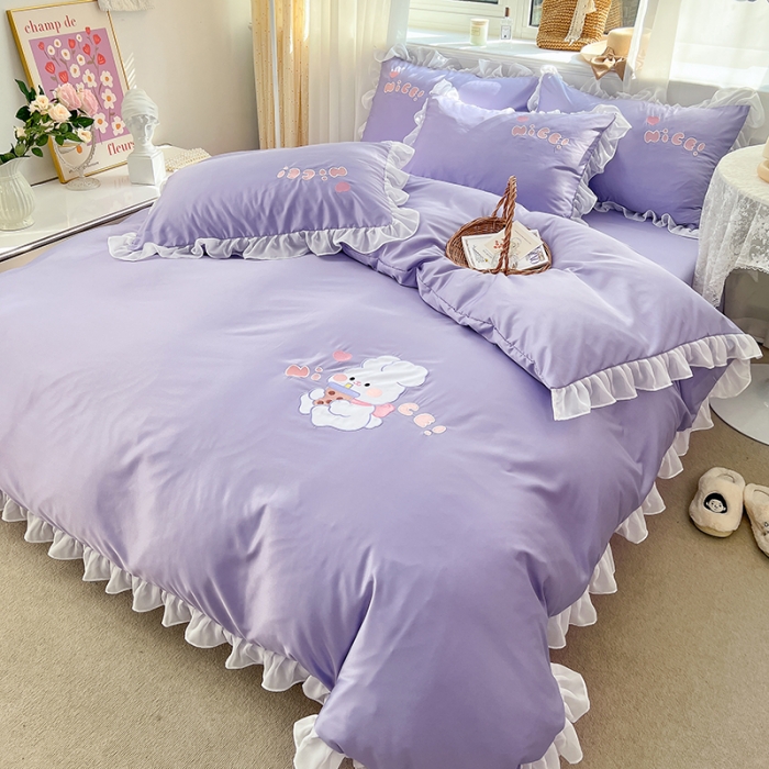 91家纺网 家纺一手货源 找家纺 沐慕 22新款水洗真丝刺绣花边四件套 奶茶小兔-紫色