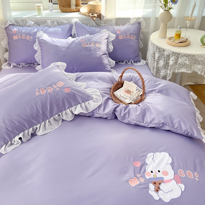 91家纺网 家纺一手货源 找家纺 沐慕 22新款水洗真丝刺绣花边四件套 奶茶小兔-紫色