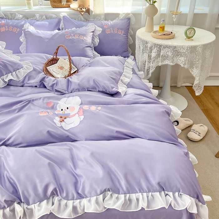 91家纺网 家纺一手货源 找家纺 沐慕 22新款水洗真丝刺绣花边四件套 奶茶小兔-紫色