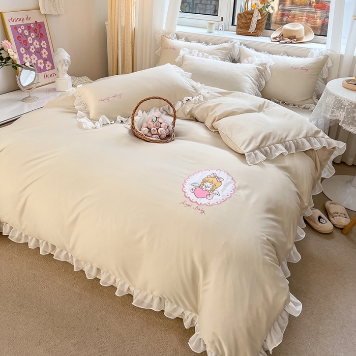 91家纺网 家纺一手货源 找家纺 沐慕 22新款水洗真丝刺绣花边四件套 天使女孩-玉白