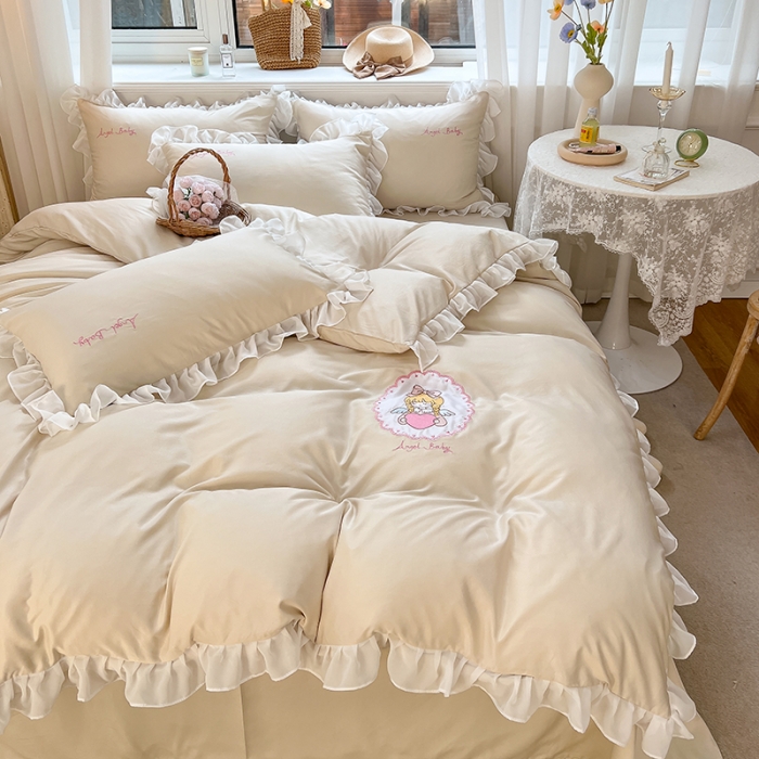 91家纺网 家纺一手货源 找家纺 沐慕 22新款水洗真丝刺绣花边四件套 天使女孩-玉白