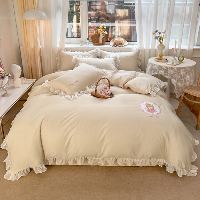 91家纺网 家纺一手货源 找家纺 沐慕 22新款水洗真丝刺绣花边四件套 天使女孩-玉白