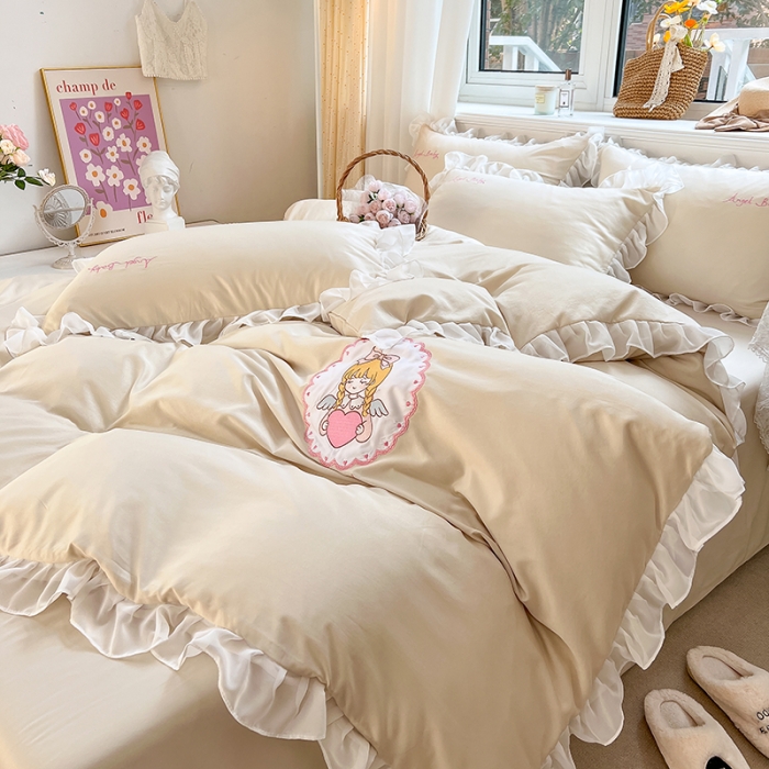 91家纺网 家纺一手货源 找家纺 沐慕 22新款水洗真丝刺绣花边四件套 天使女孩-玉白