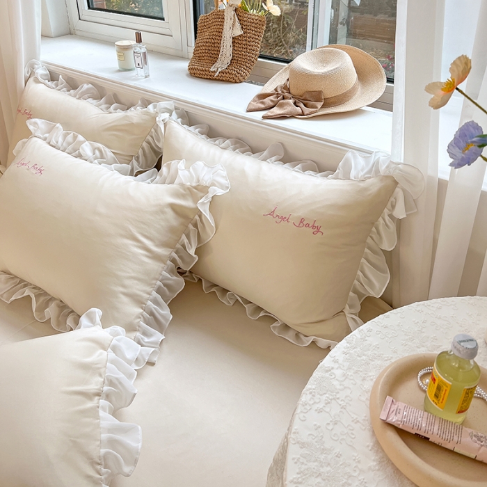 91家纺网 家纺一手货源 找家纺 沐慕 22新款水洗真丝刺绣花边四件套 天使女孩-玉白