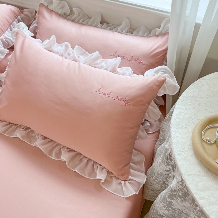 91家纺网 家纺一手货源 找家纺 沐慕 22新款水洗真丝刺绣花边四件套 天使女孩-玉粉