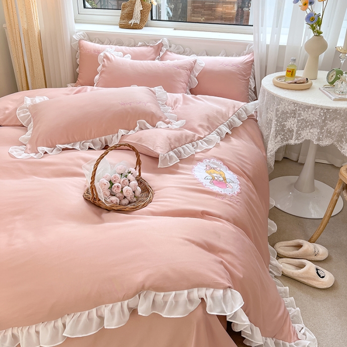 91家纺网 家纺一手货源 找家纺 沐慕 22新款水洗真丝刺绣花边四件套 天使女孩-玉粉