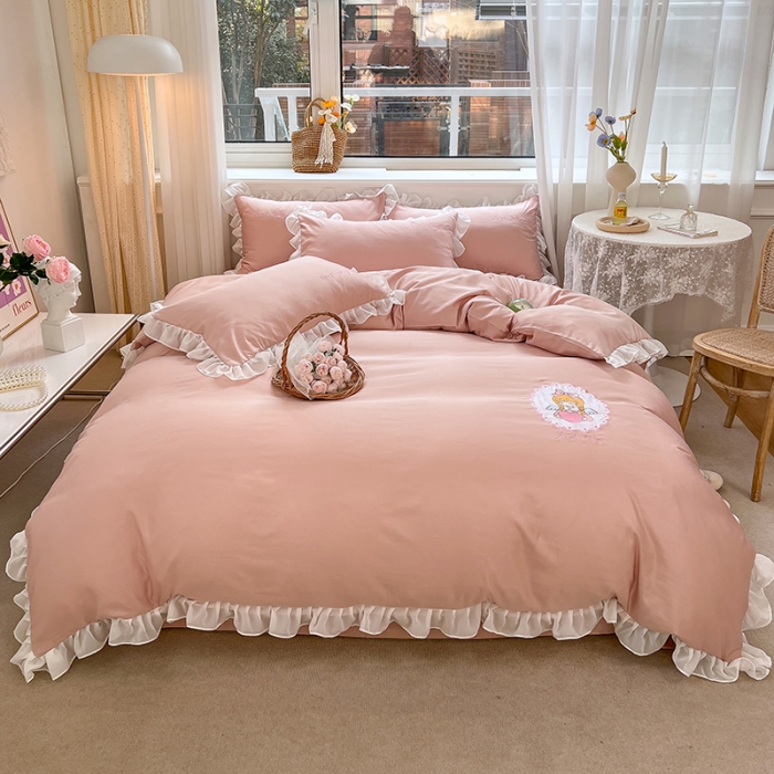 91家纺网 家纺一手货源 找家纺 沐慕 22新款水洗真丝刺绣花边四件套 天使女孩-玉粉