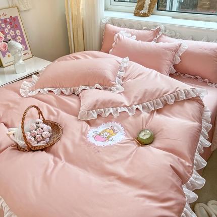 沐慕 22新款水洗真丝刺绣花边四件套 天使女孩-玉粉