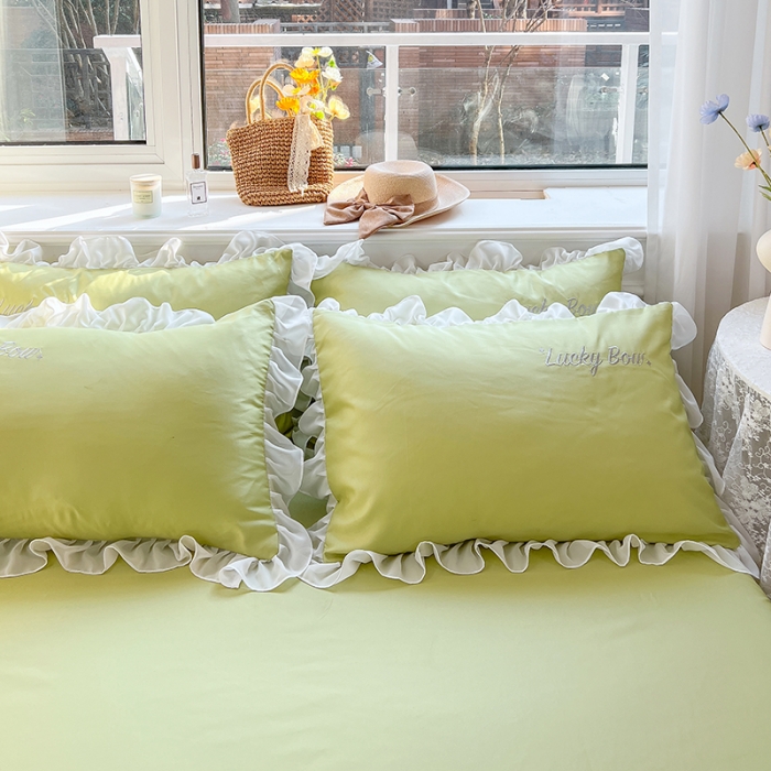 91家纺网 家纺一手货源 找家纺 沐慕 22新款水洗真丝刺绣花边四件套 幸运蝴蝶结-果绿