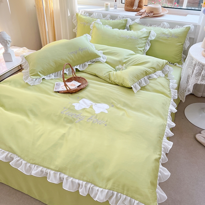 91家纺网 家纺一手货源 找家纺 沐慕 22新款水洗真丝刺绣花边四件套 幸运蝴蝶结-果绿