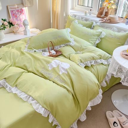 沐慕 22新款水洗真丝刺绣花边四件套 幸运蝴蝶结-果绿