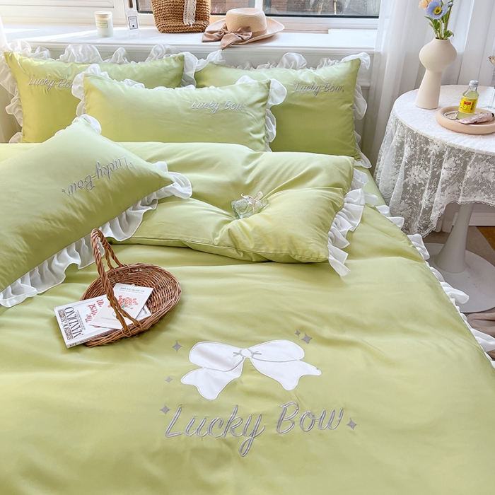 91家纺网 家纺一手货源 找家纺 沐慕 22新款水洗真丝刺绣花边四件套 幸运蝴蝶结-果绿