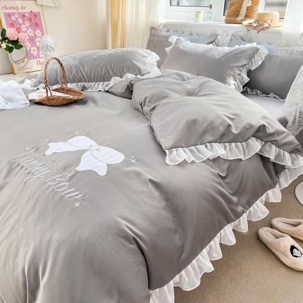 沐慕 22新款水洗真丝刺绣花边四件套 幸运蝴蝶结-灰色