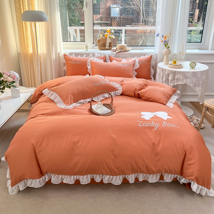 91家纺网 家纺一手货源 找家纺 沐慕 22新款水洗真丝刺绣花边四件套 紫幸运蝴蝶结-桔色