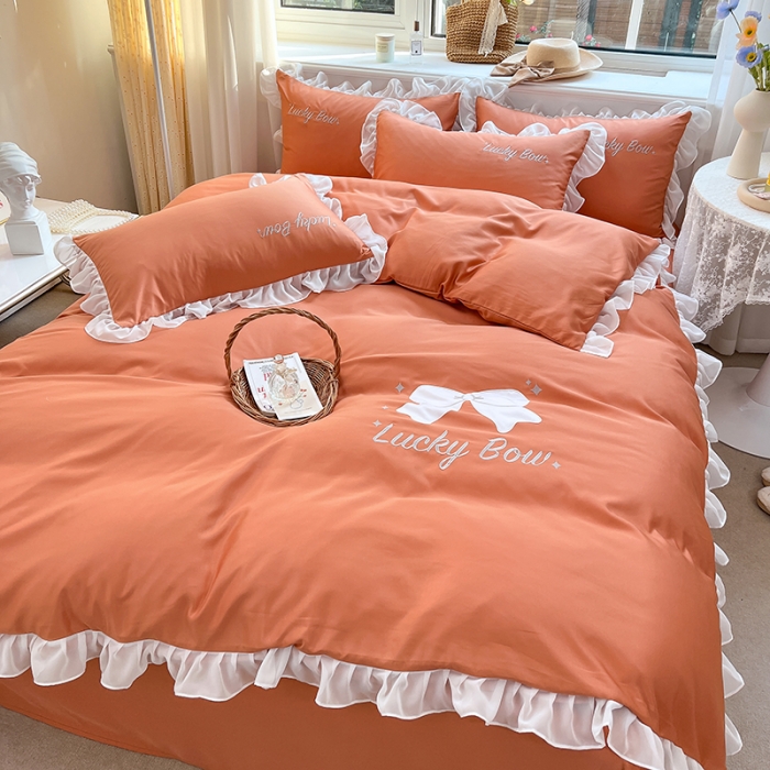 91家纺网 家纺一手货源 找家纺 沐慕 22新款水洗真丝刺绣花边四件套 紫幸运蝴蝶结-桔色