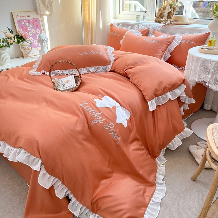 91家纺网 家纺一手货源 找家纺 沐慕 22新款水洗真丝刺绣花边四件套 紫幸运蝴蝶结-桔色