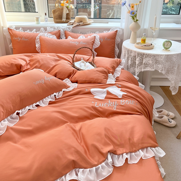 91家纺网 家纺一手货源 找家纺 沐慕 22新款水洗真丝刺绣花边四件套 紫幸运蝴蝶结-桔色