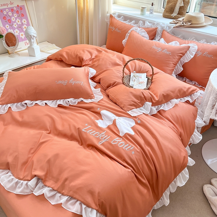 91家纺网 家纺一手货源 找家纺 沐慕 22新款水洗真丝刺绣花边四件套 紫幸运蝴蝶结-桔色