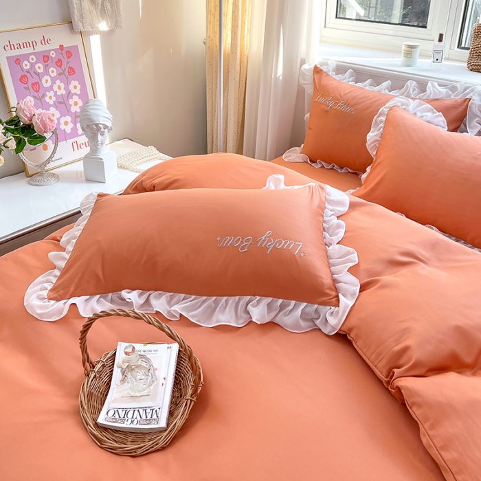 91家纺网 家纺一手货源 找家纺 沐慕 22新款水洗真丝刺绣花边四件套 紫幸运蝴蝶结-桔色