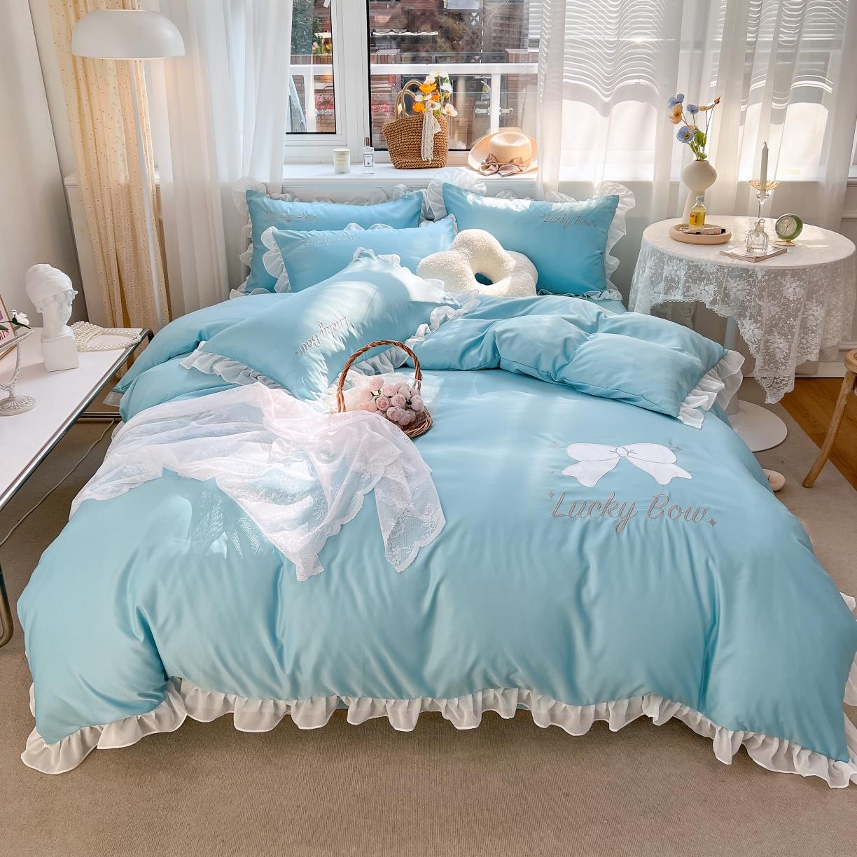 91家纺网 家纺一手货源 找家纺 沐慕 22新款水洗真丝刺绣花边四件套 幸运蝴蝶结-蓝色