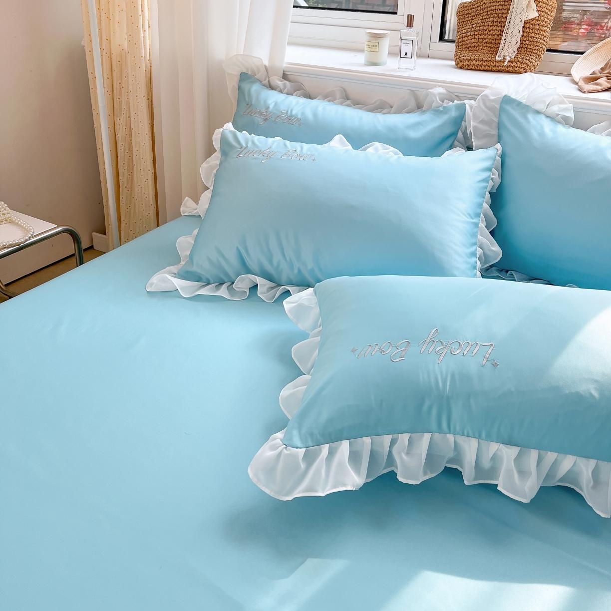 91家纺网 家纺一手货源 找家纺 沐慕 22新款水洗真丝刺绣花边四件套 幸运蝴蝶结-蓝色