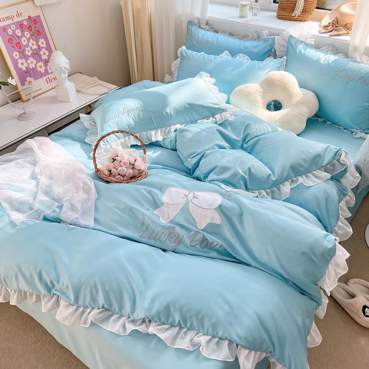 91家纺网 家纺一手货源 找家纺 沐慕 22新款水洗真丝刺绣花边四件套 幸运蝴蝶结-蓝色