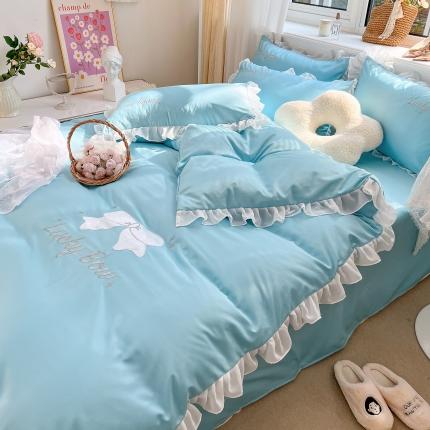 沐慕 22新款水洗真丝刺绣花边四件套 幸运蝴蝶结-蓝色