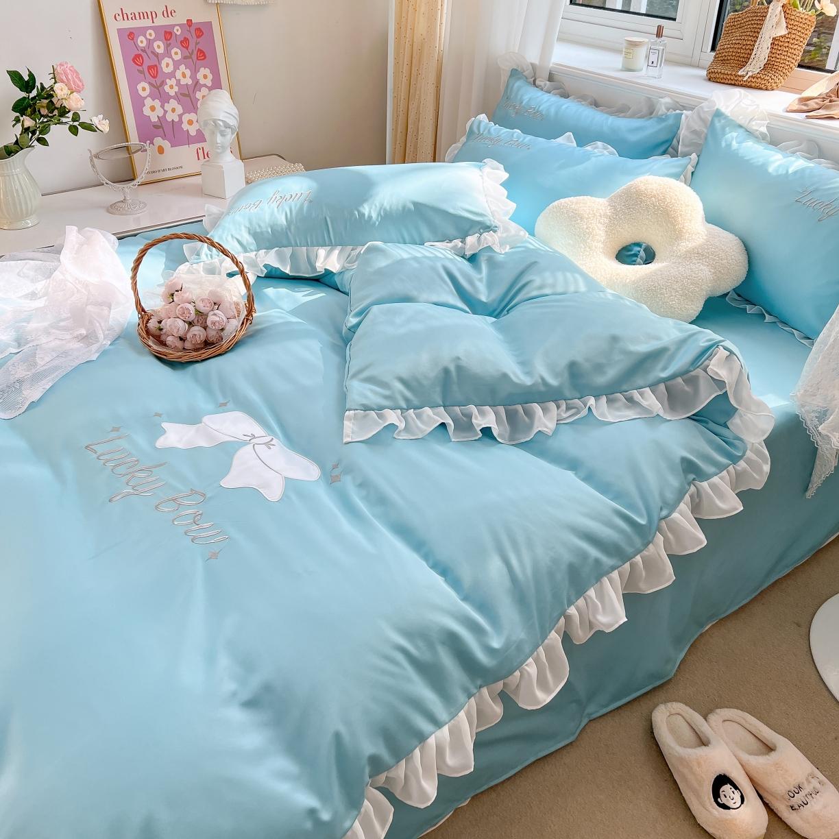 91家纺网 家纺一手货源 找家纺 沐慕 22新款水洗真丝刺绣花边四件套 幸运蝴蝶结-蓝色