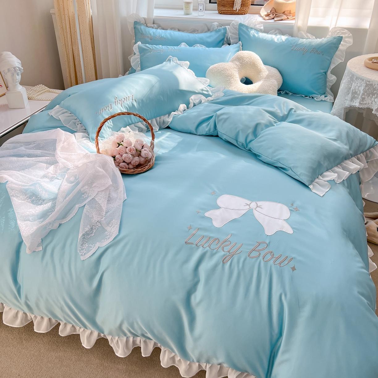 91家纺网 家纺一手货源 找家纺 沐慕 22新款水洗真丝刺绣花边四件套 幸运蝴蝶结-蓝色