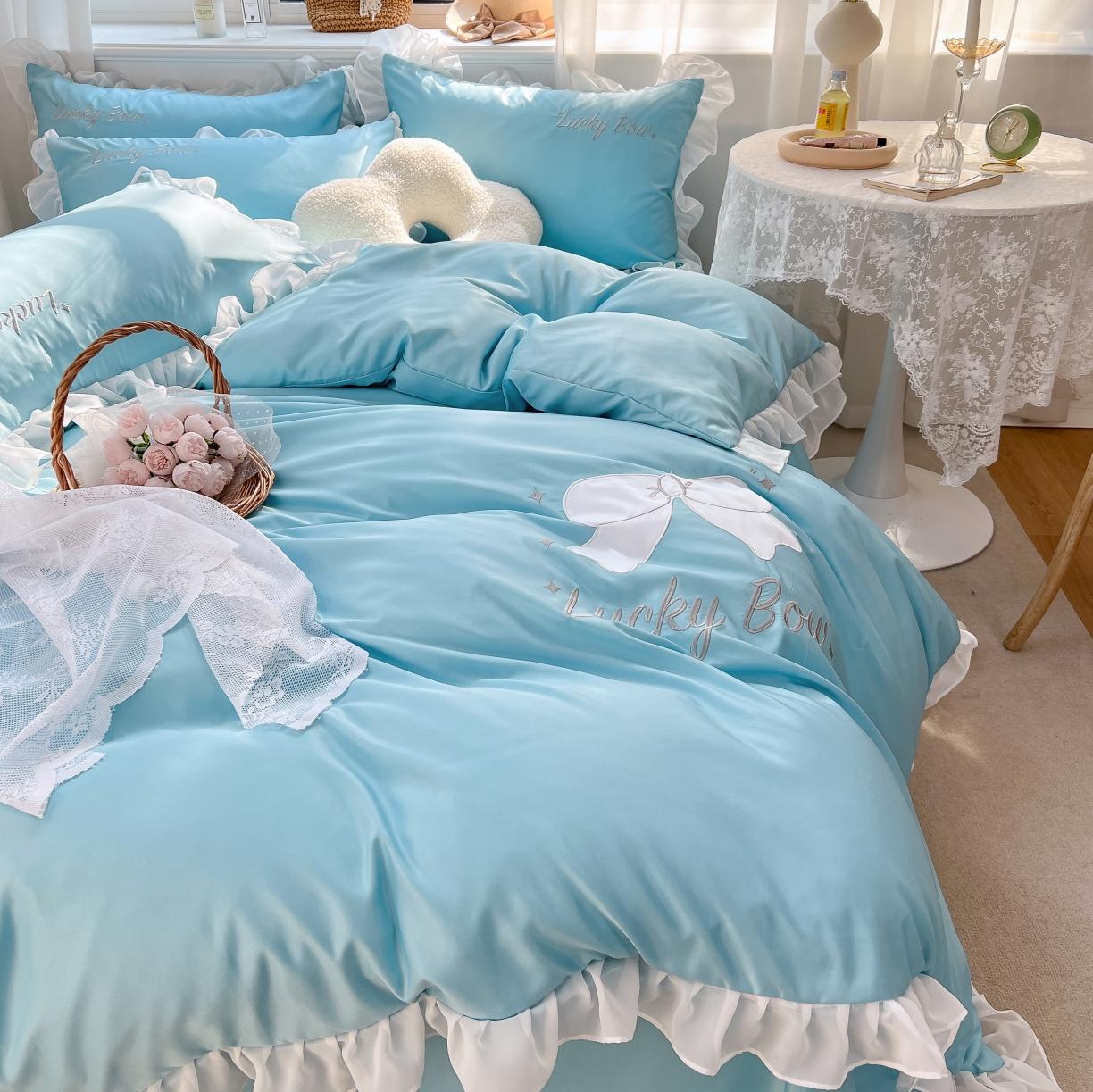 91家纺网 家纺一手货源 找家纺 沐慕 22新款水洗真丝刺绣花边四件套 幸运蝴蝶结-蓝色