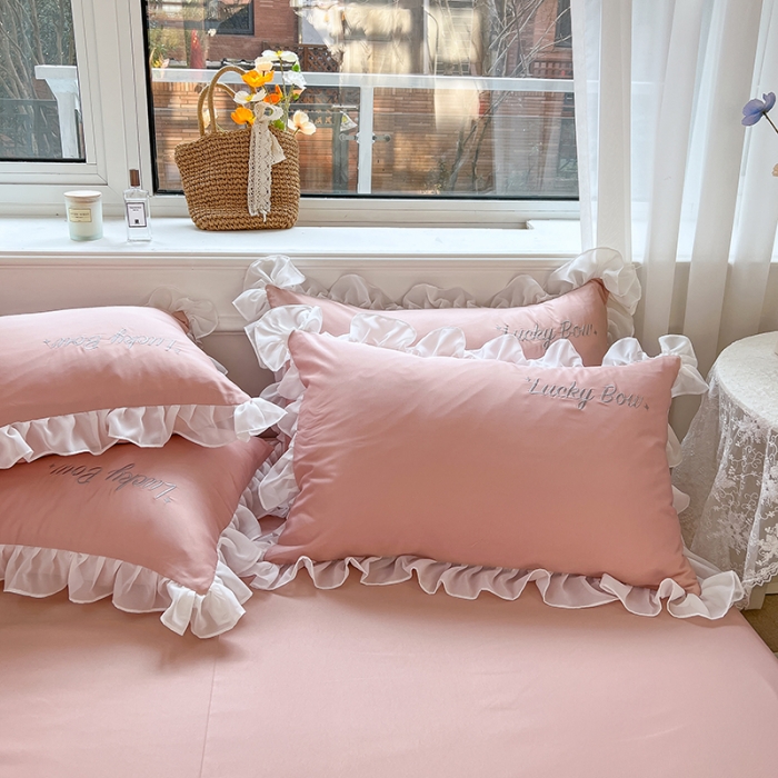 91家纺网 家纺一手货源 找家纺 沐慕 22新款水洗真丝刺绣花边四件套 幸运蝴蝶结-玉粉