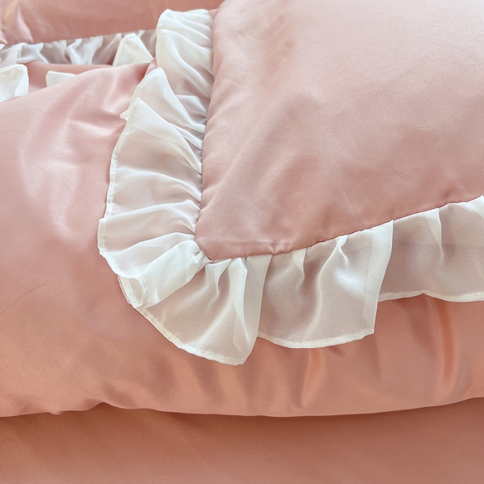 91家纺网 家纺一手货源 找家纺 沐慕 22新款水洗真丝刺绣花边四件套 幸运蝴蝶结-玉粉