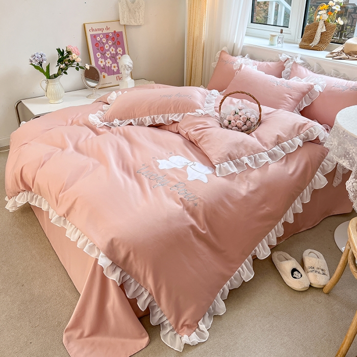 91家纺网 家纺一手货源 找家纺 沐慕 22新款水洗真丝刺绣花边四件套 幸运蝴蝶结-玉粉