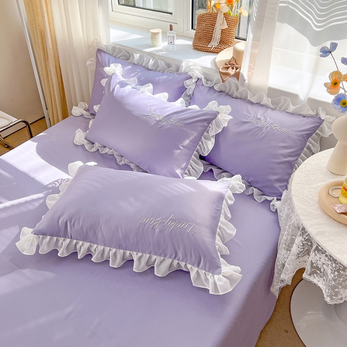 91家纺网 家纺一手货源 找家纺 沐慕 22新款水洗真丝刺绣花边四件套 幸运蝴蝶结-紫色