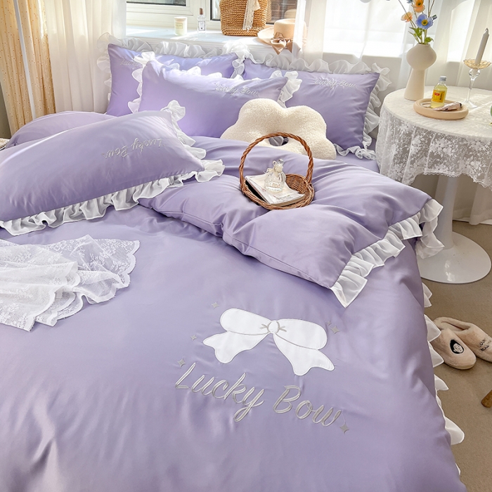 91家纺网 家纺一手货源 找家纺 沐慕 22新款水洗真丝刺绣花边四件套 幸运蝴蝶结-紫色