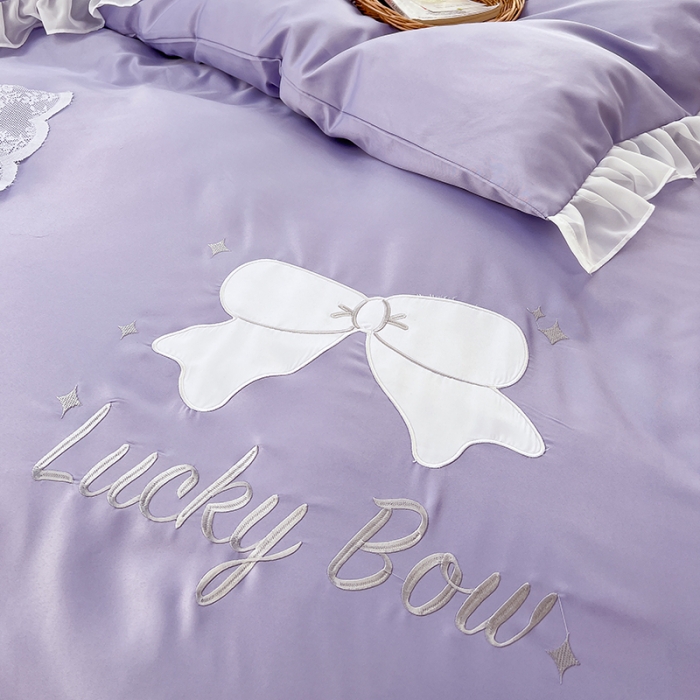 91家纺网 家纺一手货源 找家纺 沐慕 22新款水洗真丝刺绣花边四件套 幸运蝴蝶结-紫色