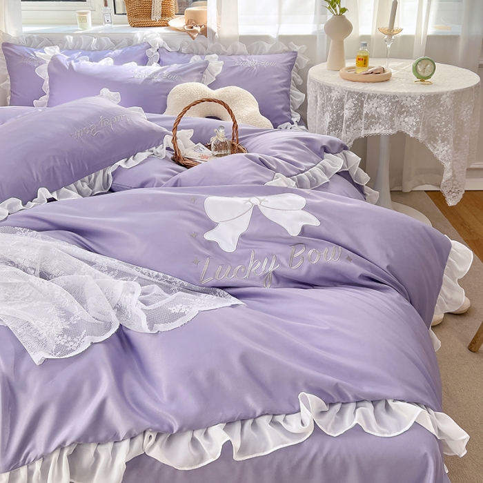 91家纺网 家纺一手货源 找家纺 沐慕 22新款水洗真丝刺绣花边四件套 幸运蝴蝶结-紫色