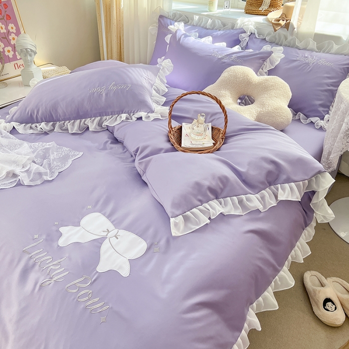 91家纺网 家纺一手货源 找家纺 沐慕 22新款水洗真丝刺绣花边四件套 幸运蝴蝶结-紫色