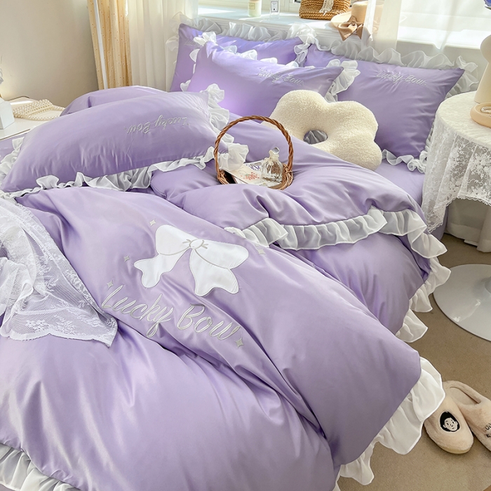 91家纺网 家纺一手货源 找家纺 沐慕 22新款水洗真丝刺绣花边四件套 幸运蝴蝶结-紫色
