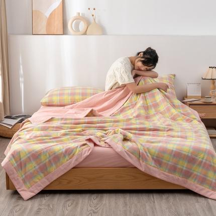 全棉色织水洗棉花夏被四件套纯棉空调被夏凉被弗暖粉黄