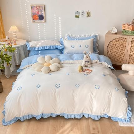 91家纺网 家纺一手货源 找家纺 易禾 2022新款小清新水洗亲肤棉四件套 雅典-白+兰