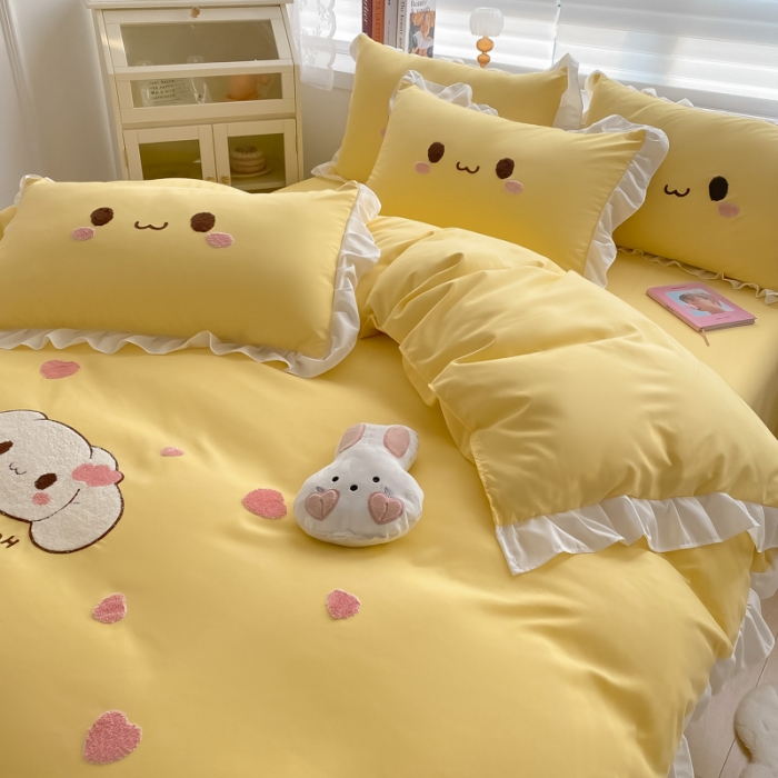 91家纺网 家纺一手货源 找家纺 易禾 2022新款小清新水洗亲肤棉四件套 宝宝兔-黄