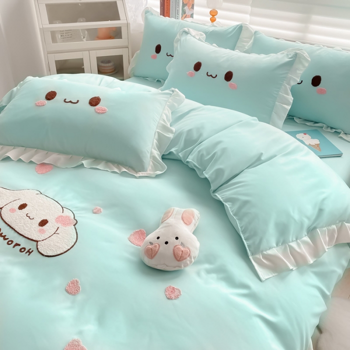 91家纺网 家纺一手货源 找家纺 易禾 2022新款小清新水洗亲肤棉四件套 宝宝兔-绿