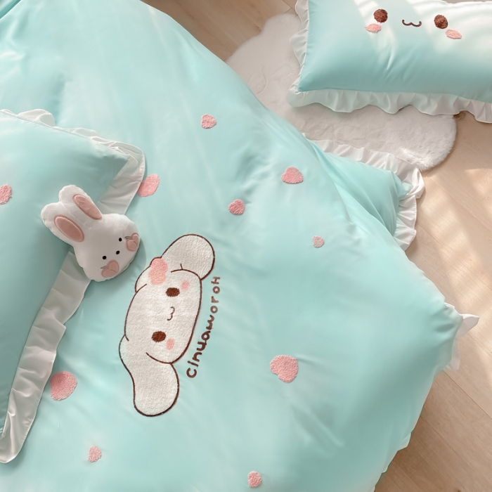 91家纺网 家纺一手货源 找家纺 易禾 2022新款小清新水洗亲肤棉四件套 宝宝兔-绿