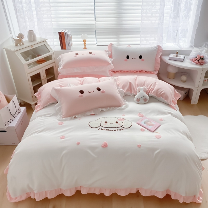 91家纺网 家纺一手货源 找家纺 易禾 2022新款小清新水洗亲肤棉四件套 宝宝兔-白粉