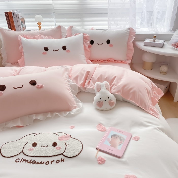 91家纺网 家纺一手货源 找家纺 易禾 2022新款小清新水洗亲肤棉四件套 宝宝兔-白粉