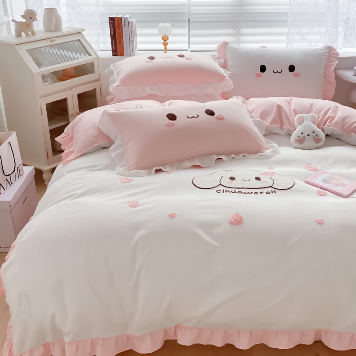 91家纺网 家纺一手货源 找家纺 易禾 2022新款小清新水洗亲肤棉四件套 宝宝兔-白粉